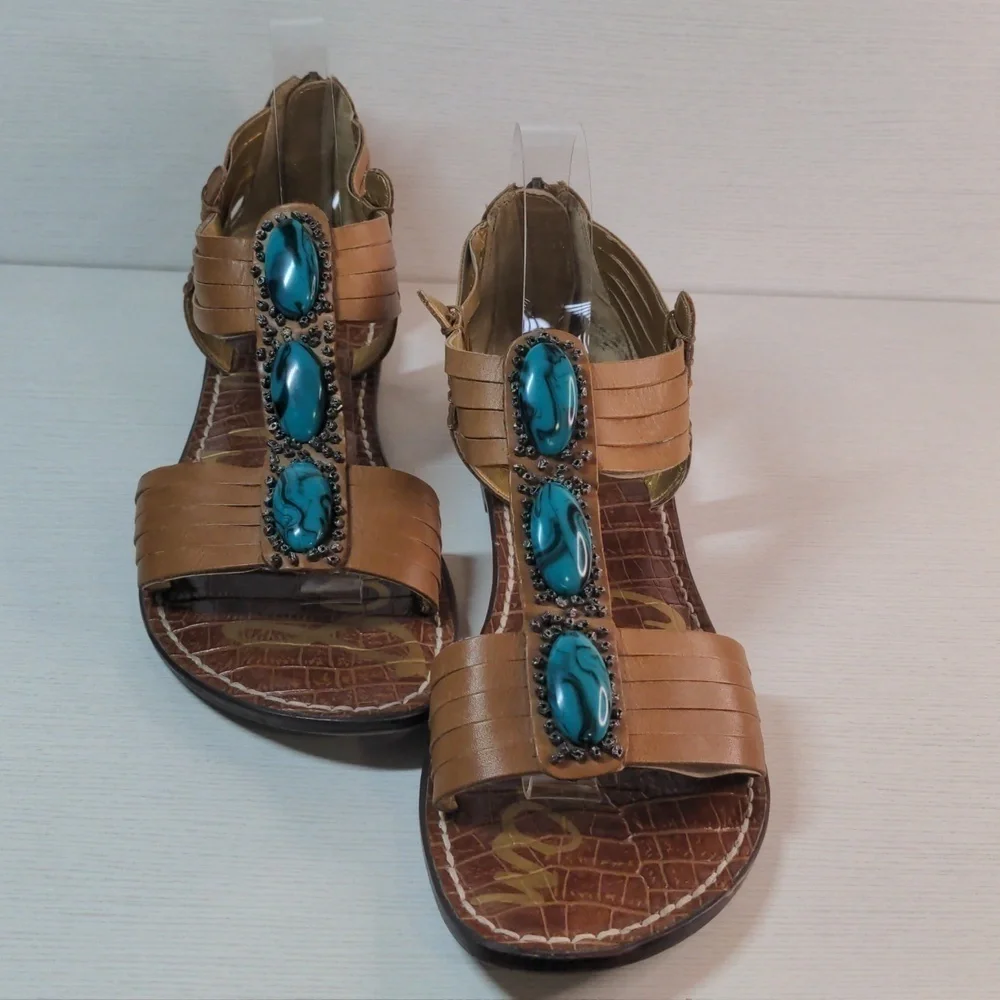 Sam Edelman strappy sandals leather uppers with turquoise beads on top size 9.5 - Picture 2 of 12